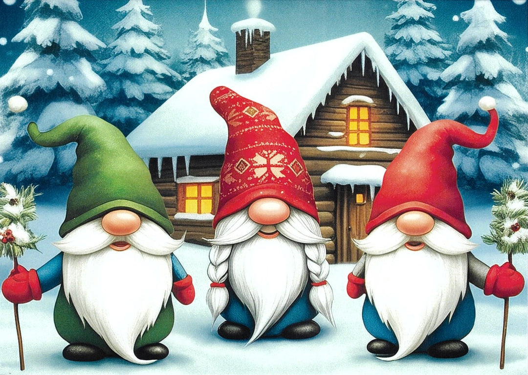 Christmas Cards Three Gnomes at Cabin Pkg of 6