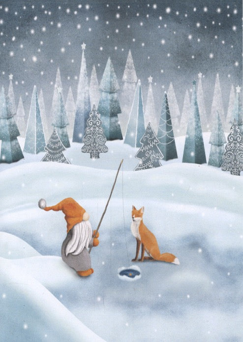 Christmas Cards Gnome & Fox Fishing Pkg of 6