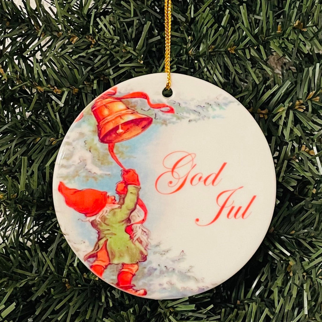 Large Ceramic Ornament, God Jul Tomte Gnome ringing bell