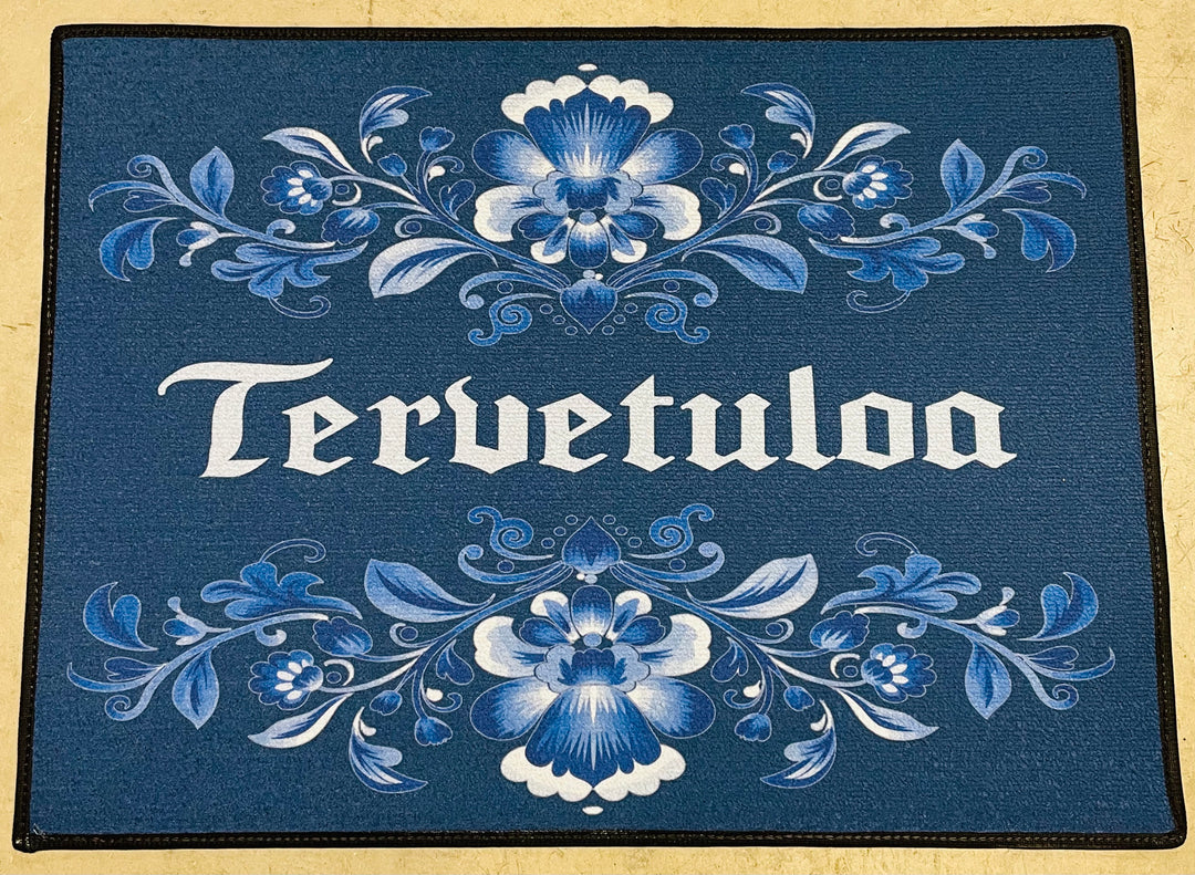 Tervetuloa Folk Art Flowers navy Door Mat Rug