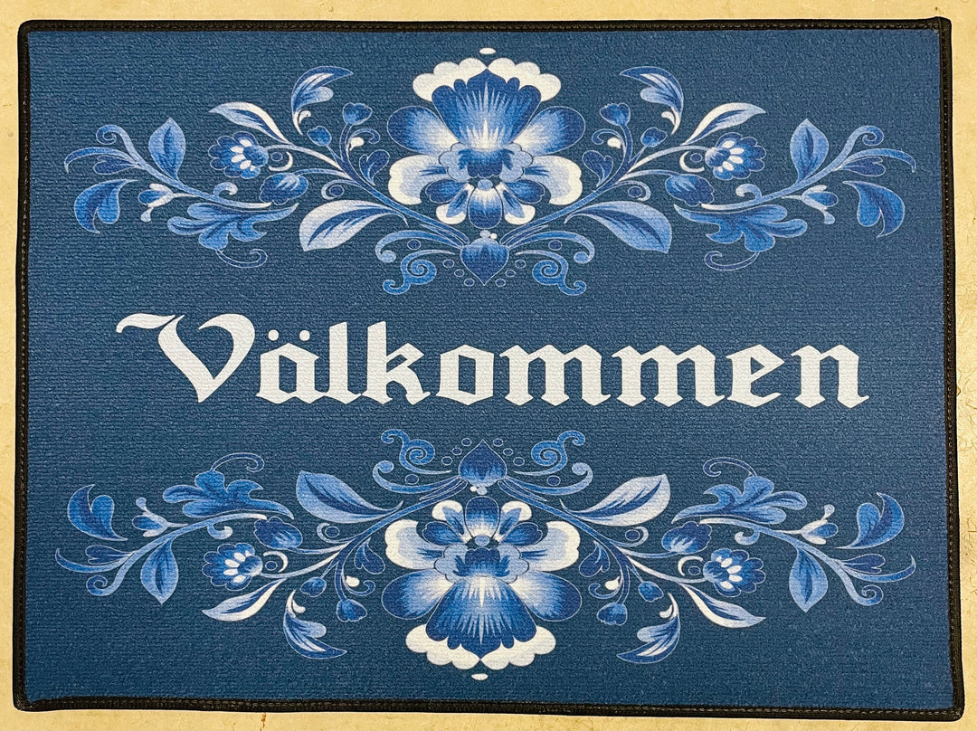 Välkommen Folk Art Flowers navy Door Mat Rug