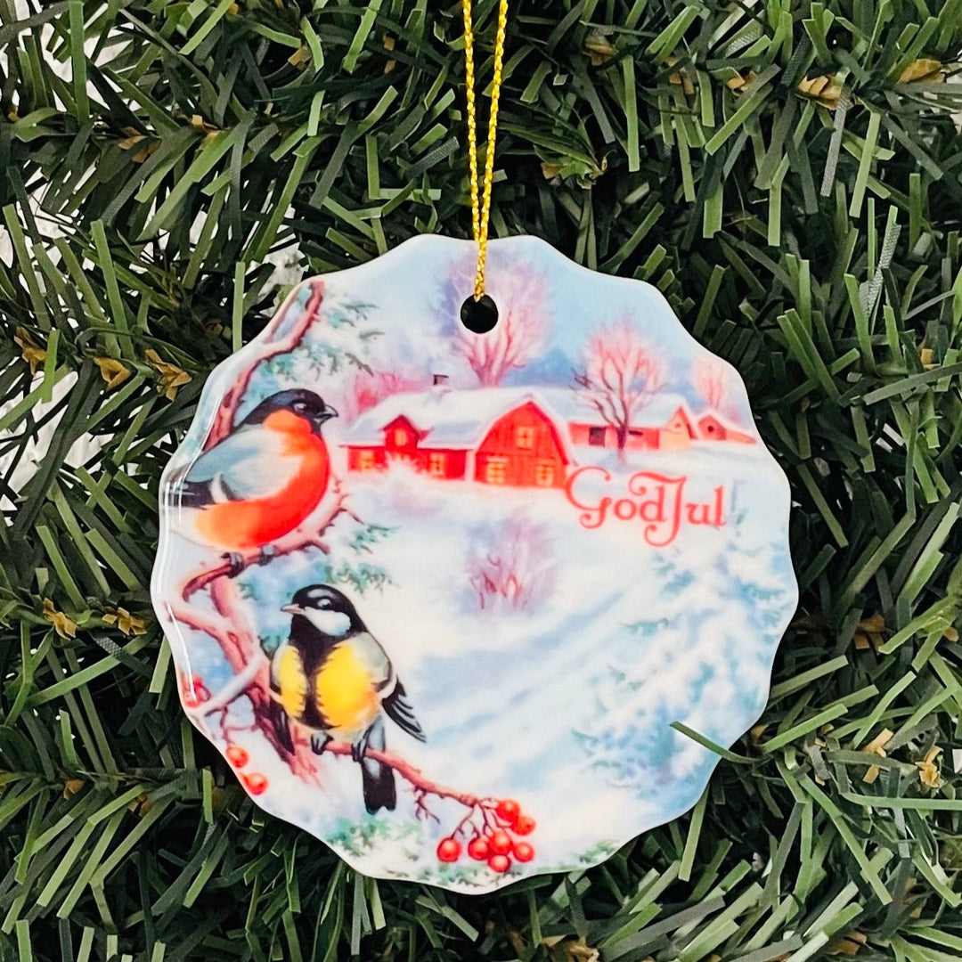 SALE Ceramic Ornament, Bullfinches at Barn