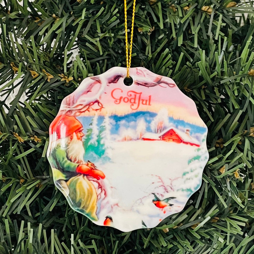 SALE Ceramic Ornament, Tomte with birds