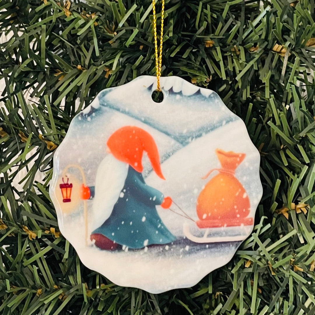 SALE Ceramic Ornament, Gnome with sled