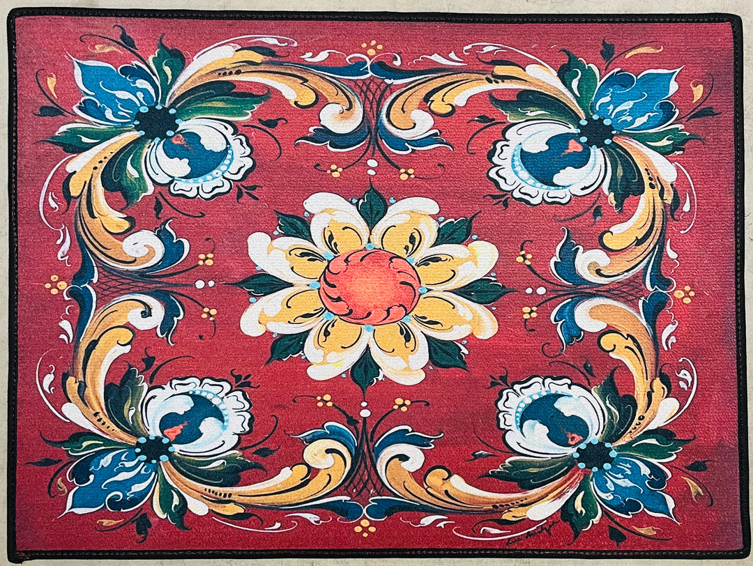 Lise Lorentzen Red Rosemaling Door Mat Rug