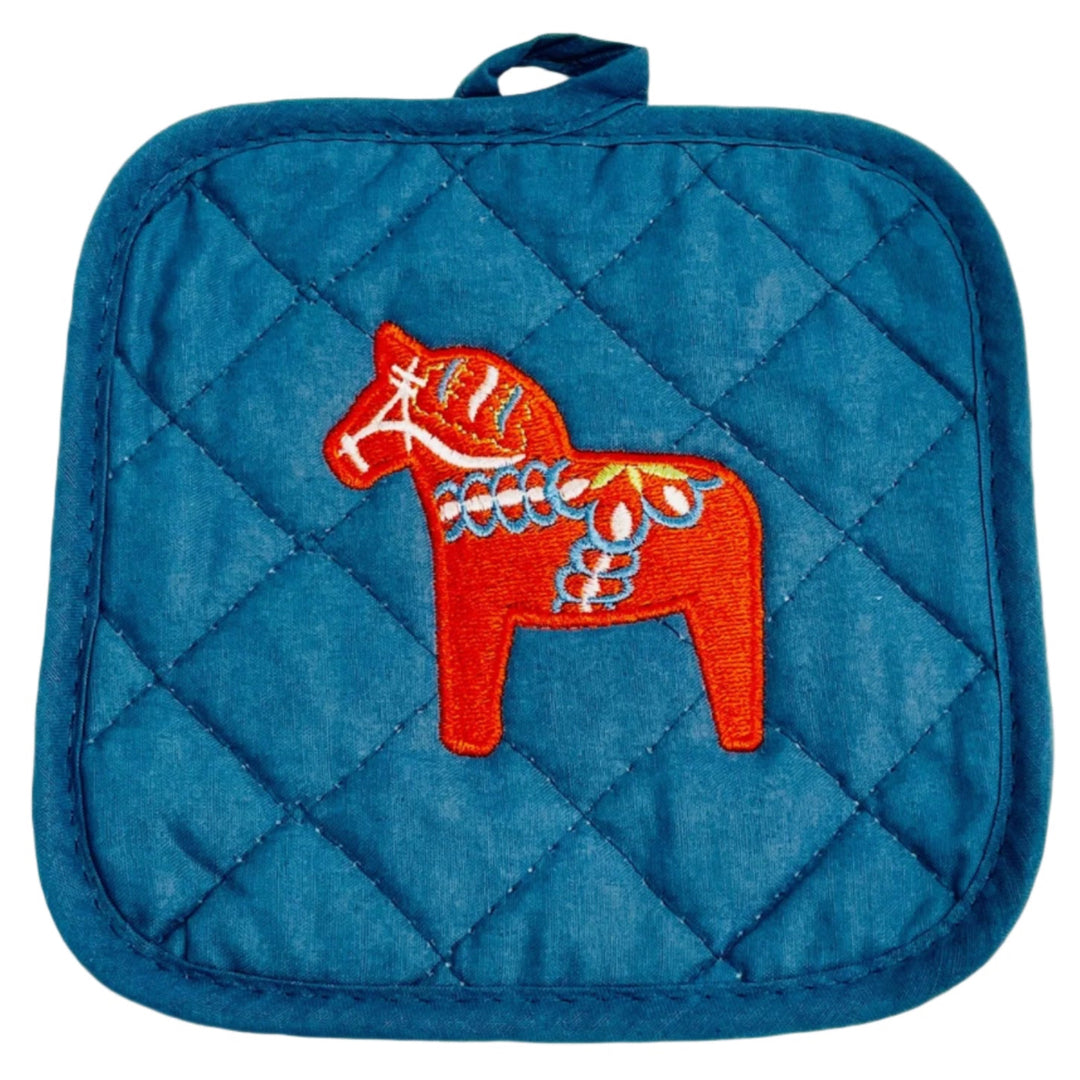 Pot holder - Swedish Dala horse on denim blue