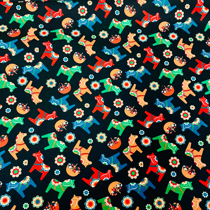 Dala Horses & Flowers on Black Fabric