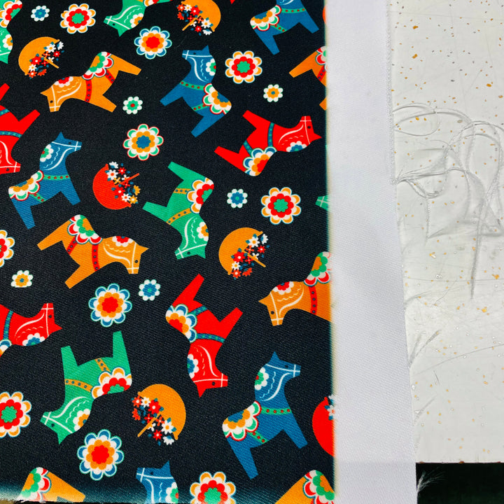 Dala Horses & Flowers on Black Fabric