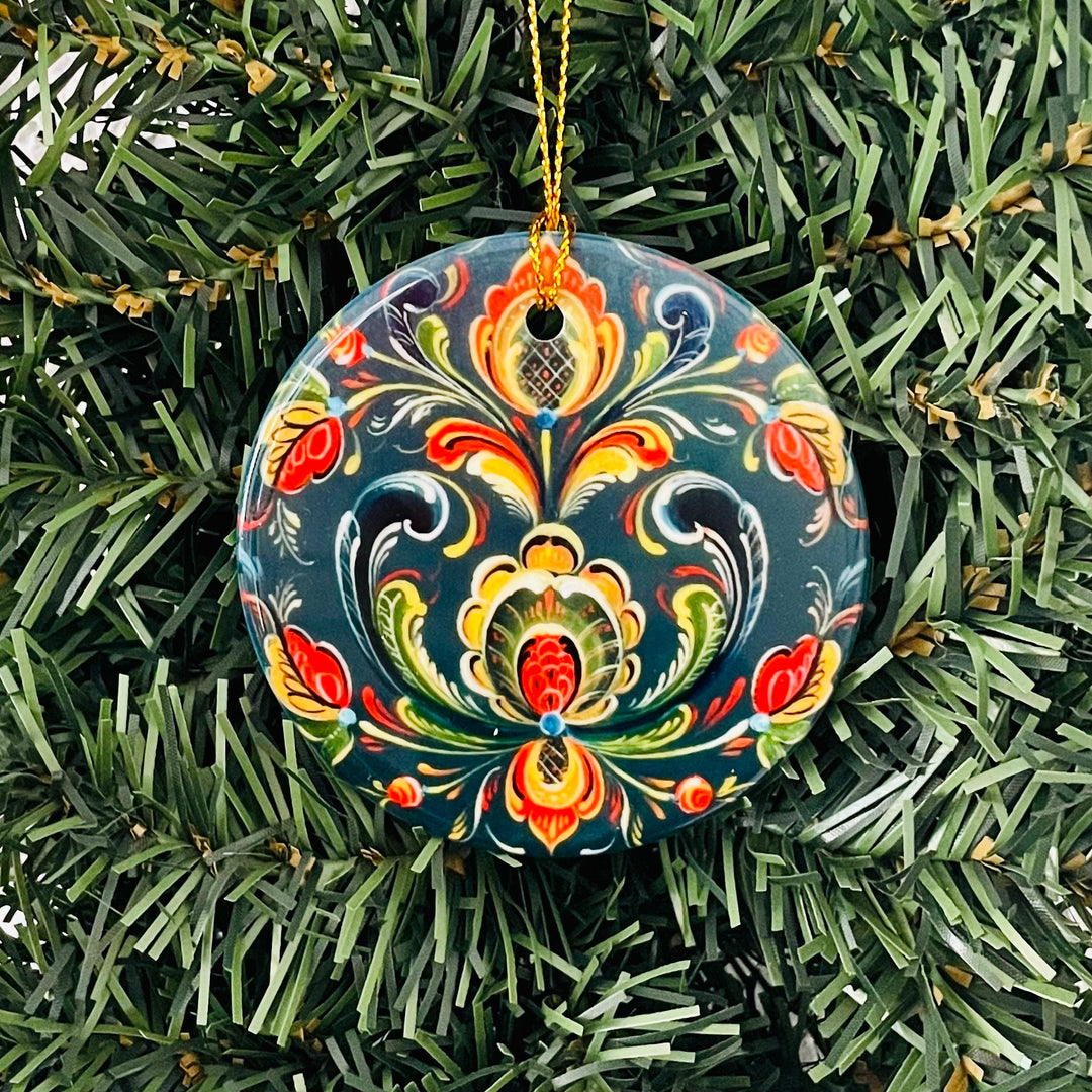 Ceramic ornament, Lise Lorentzen navy blue rosemaling
