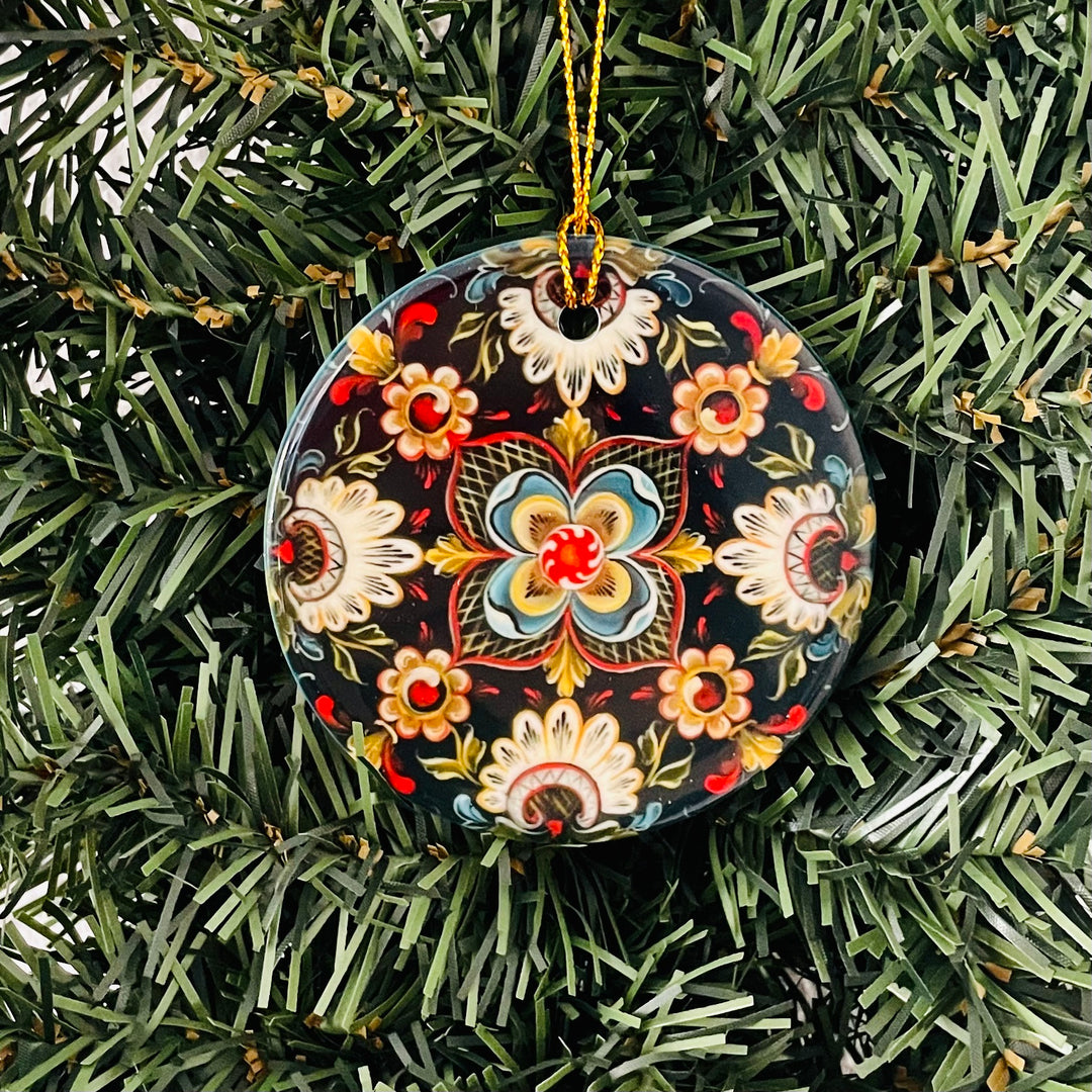 Ceramic ornament, Lise Lorentzen black rosemaling