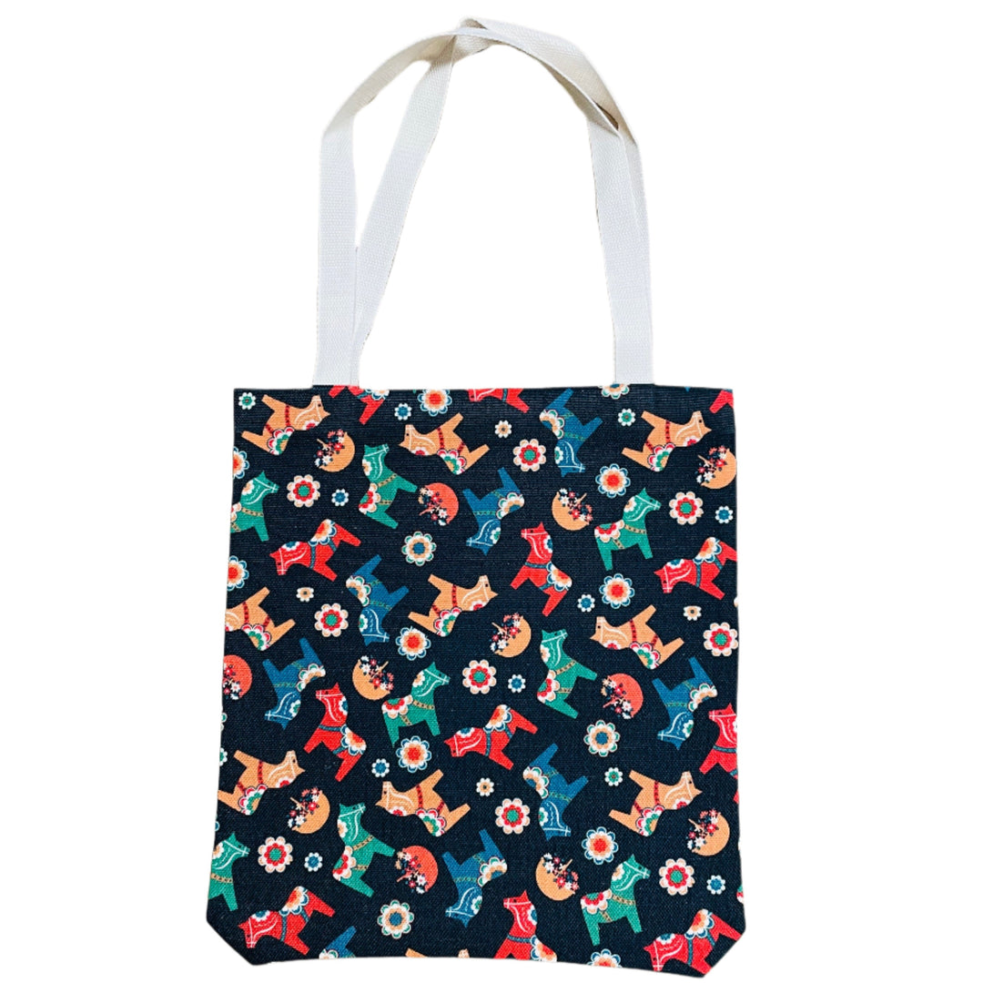 Linen look Tote bag Dala horses & flowers
