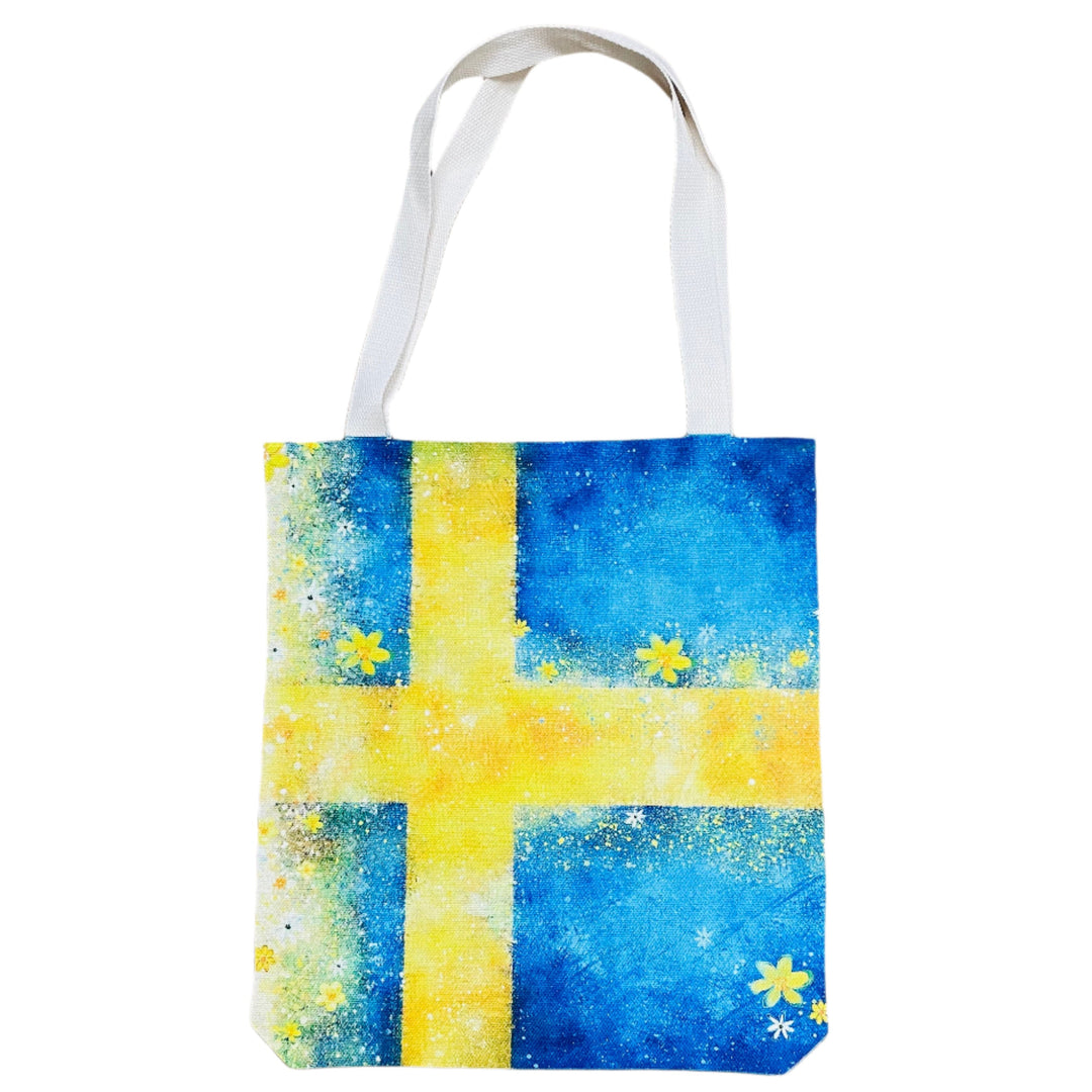 Linen look Tote bag Swedish flag with flowers