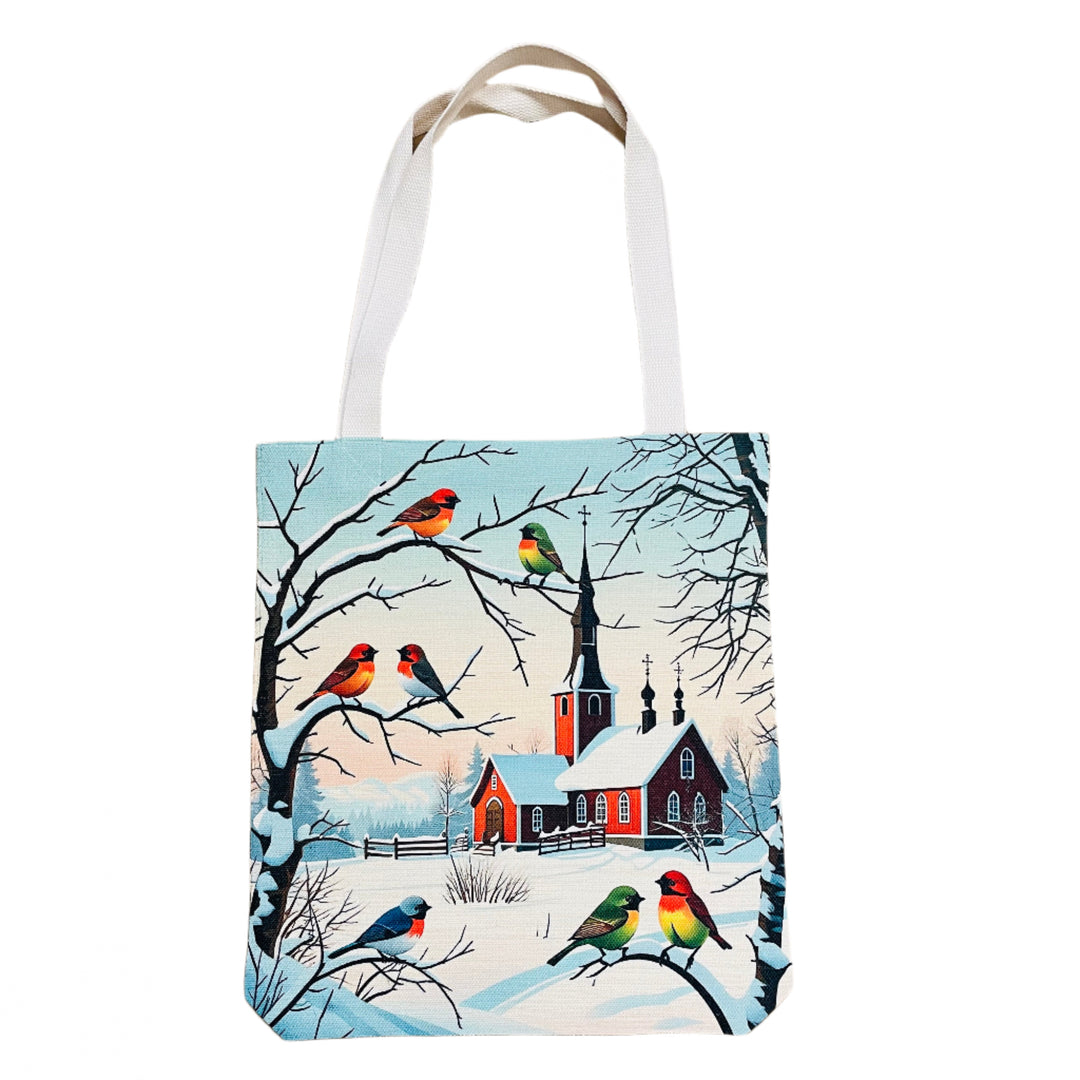 Linen look Tote bag Church with Birds