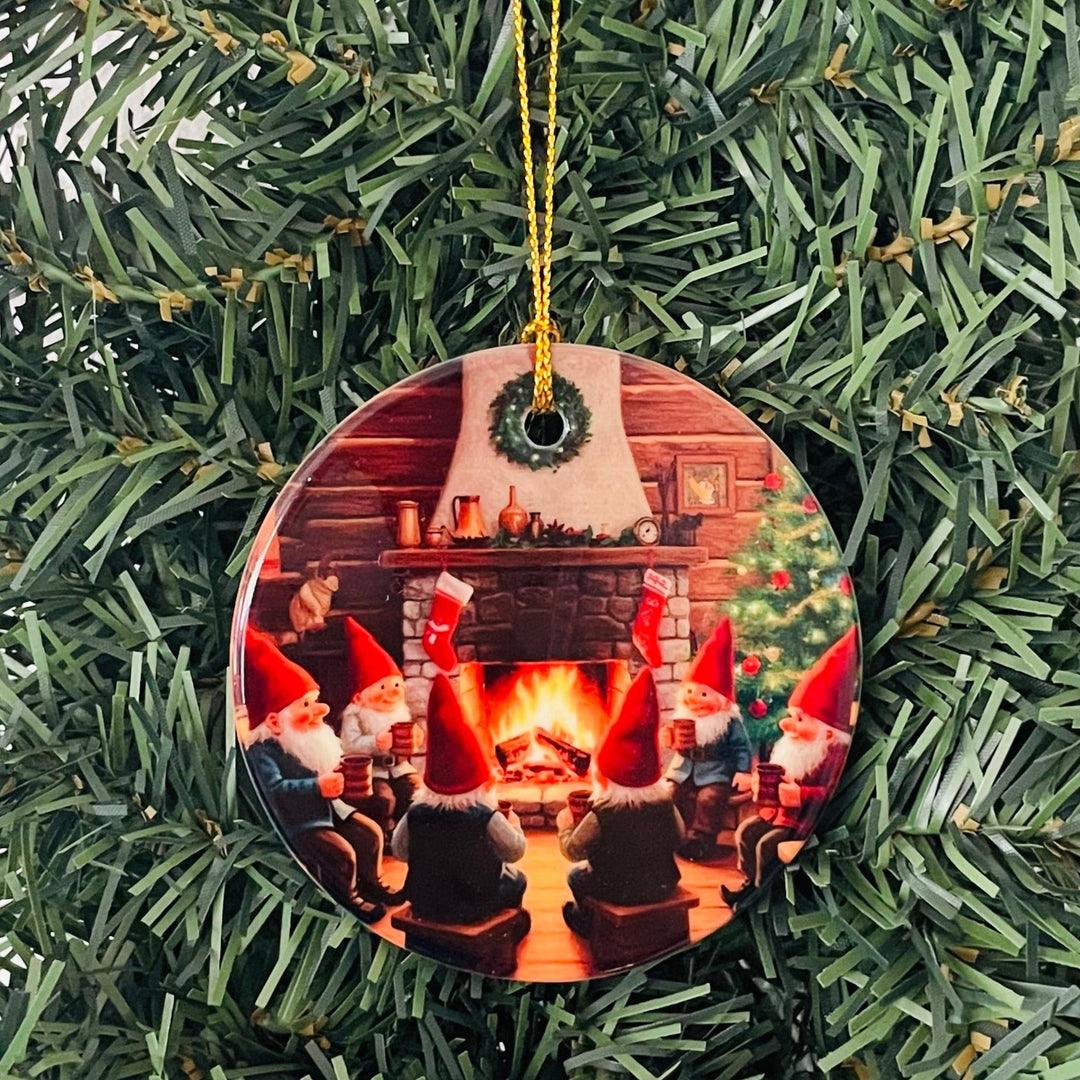 Ceramic Ornament, Gnomes by the Fire