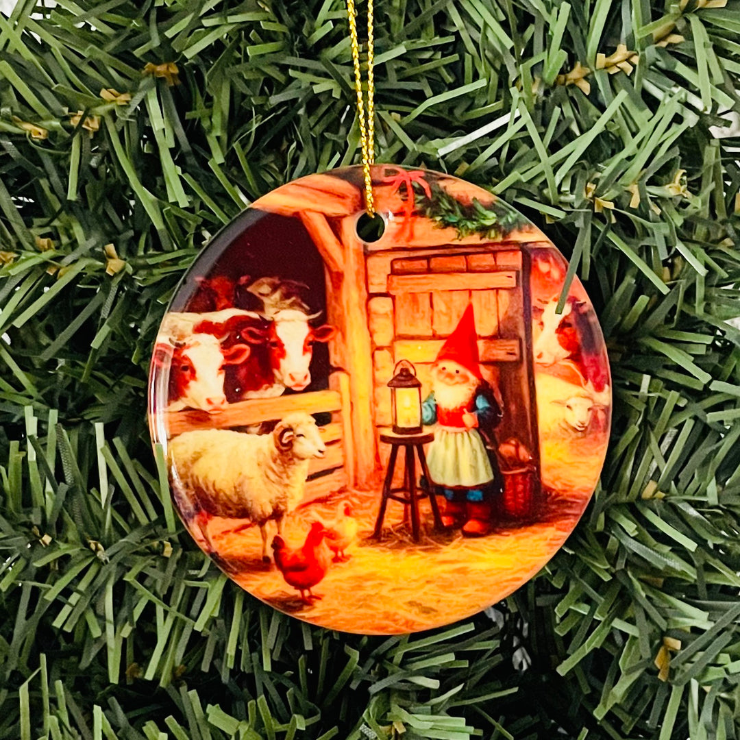 Ceramic Ornament, Tomte in the barn with animals
