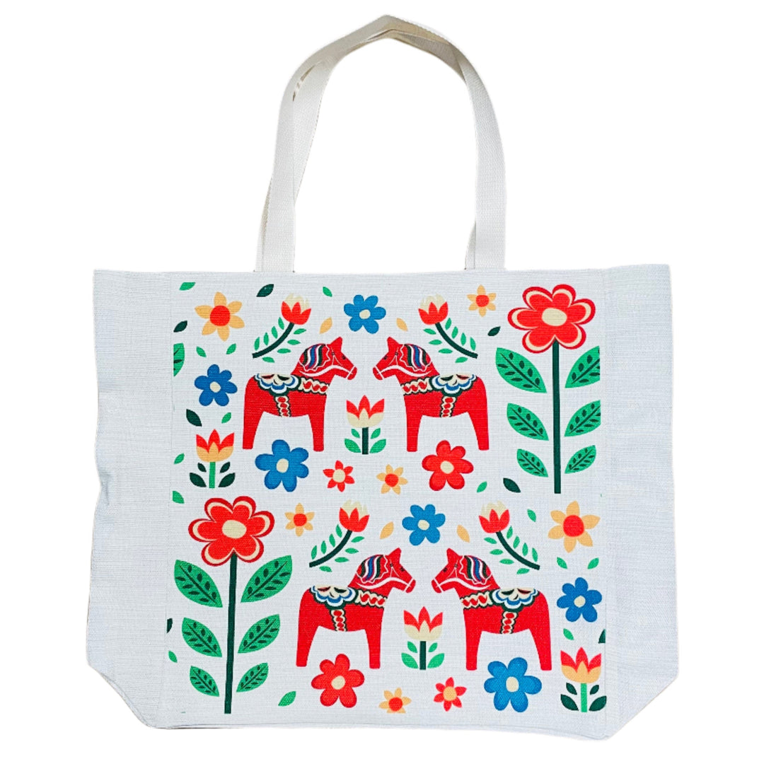 Linen Look Large Tote bag with Gusset - Dala Horses & Flowers
