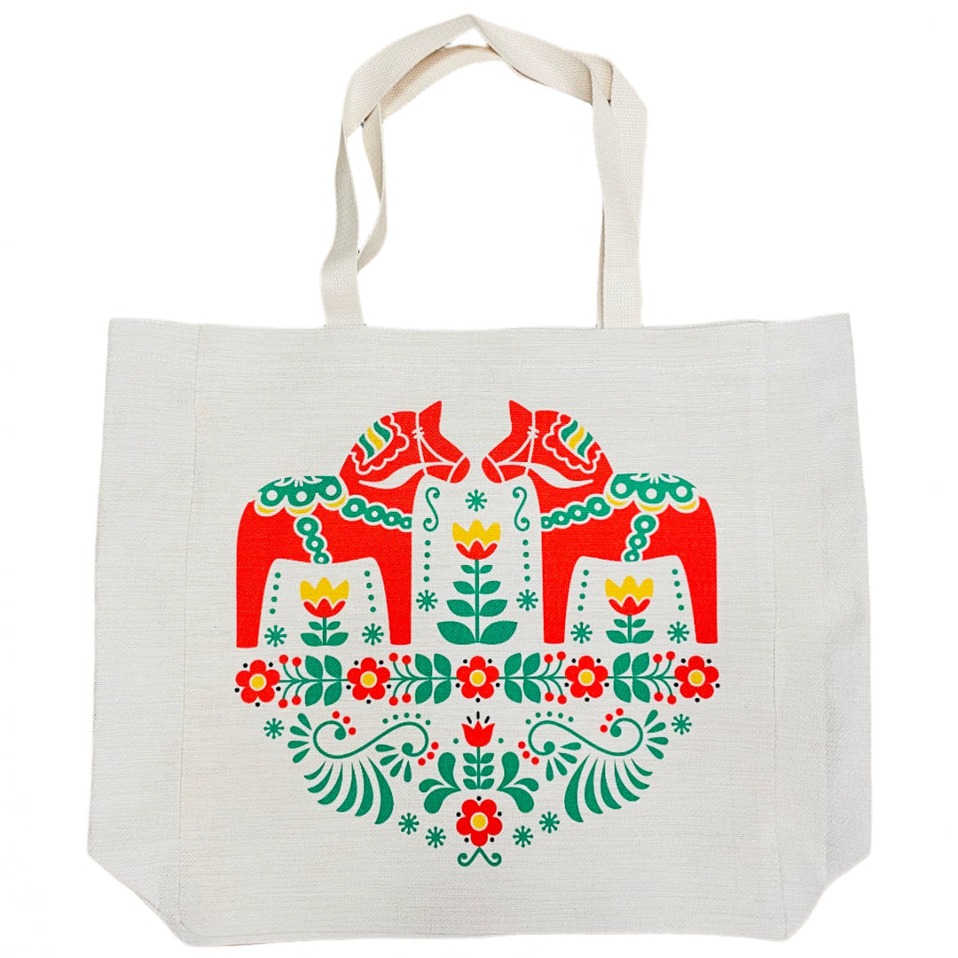 Linen Look Large Tote bag with Gusset - Dala Horses