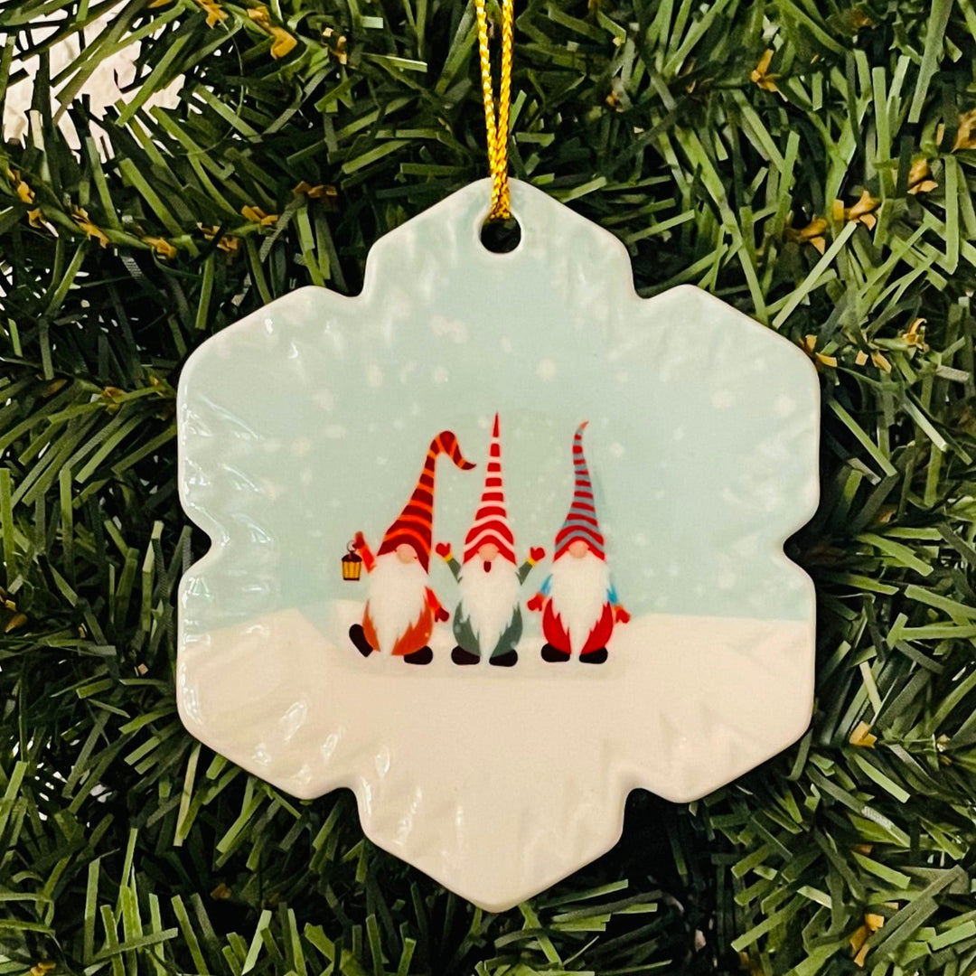 Ceramic Ornament, Snowflake Three Gnomes