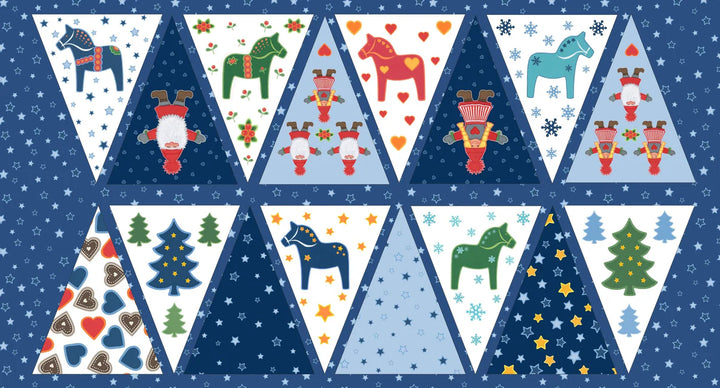 Eva Melhuish Gnome & Dala horse Fabric - Tomten Folklore Flags Bunting 1/2 yard panel
