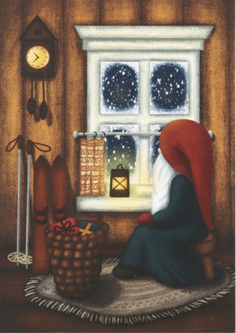 Boxed cards, Tomte inside on snowy day