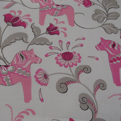 Swedish fabric - White w/ Pink Dala horses & kurbits
