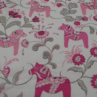 Swedish fabric - White w/ Pink Dala horses & kurbits