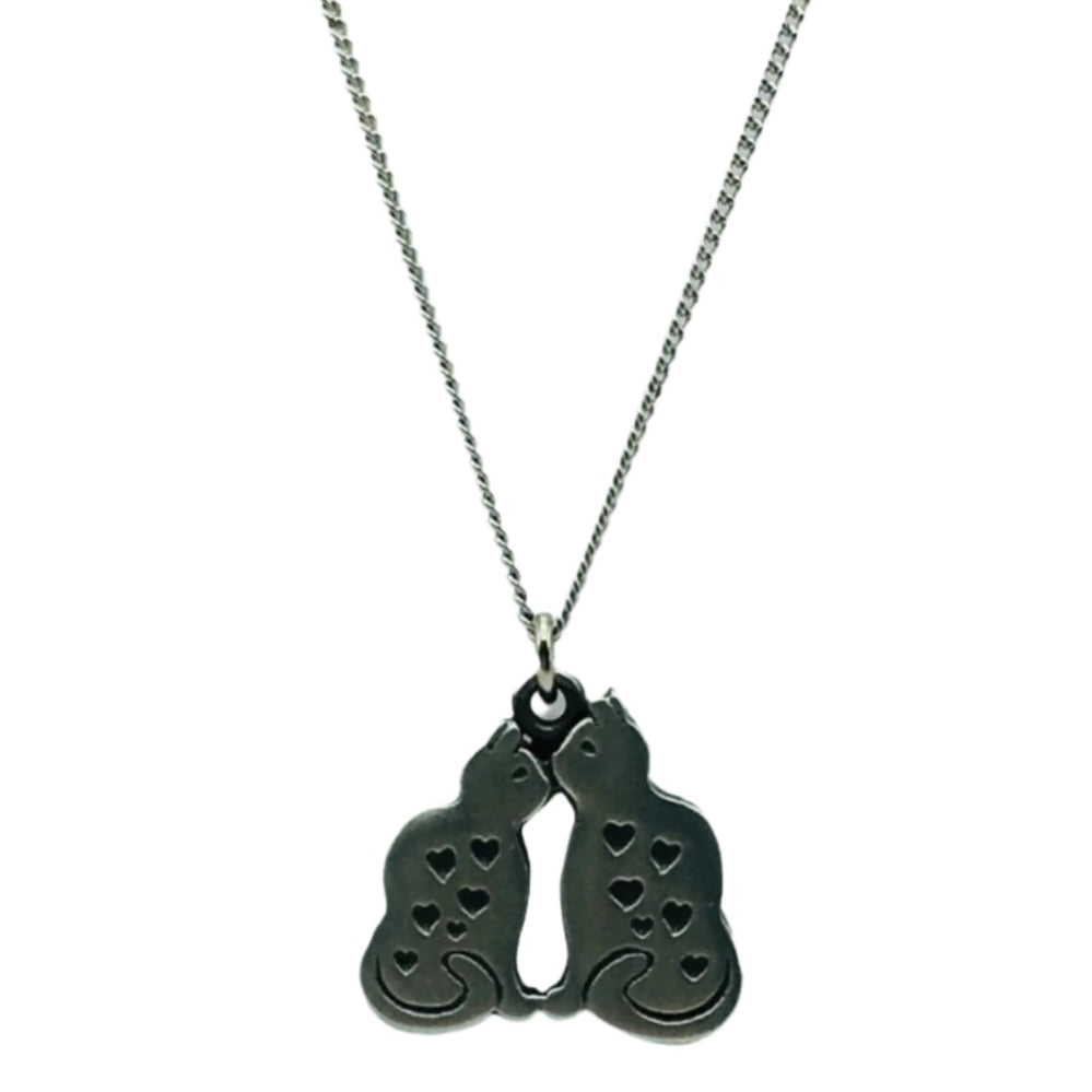 Swedish Pewter Two Cats with Hearts Pendant Necklace