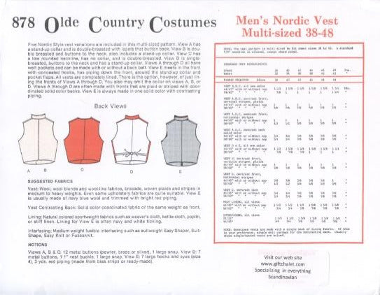 Costume Pattern - Mens vests sizes 38-48