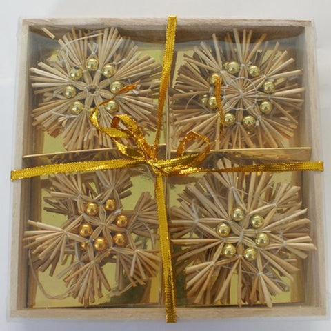 Straw snowflake w/ gold beads ornament set - Box of 12
