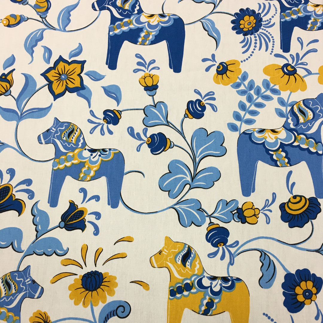 Swedish fabric - White w/ Blue & Yellow Dala horses & kurbits