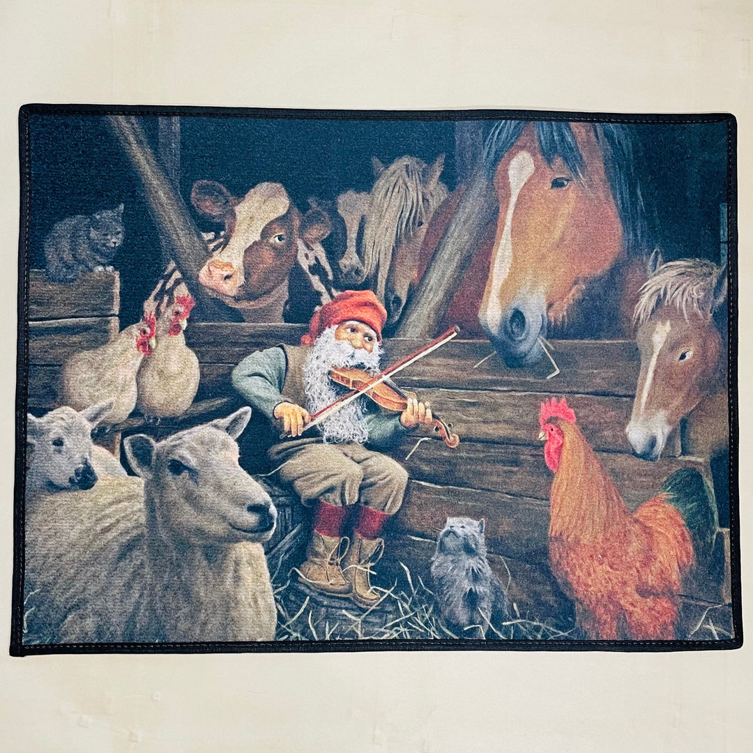 Jan Bergerlind Door Mat Rug - Tomte playing violin for animals in barn