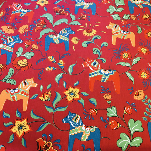Swedish fabric - Red w/ multi color Dala horses & kurbits