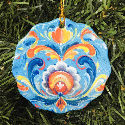 Ceramic ornament, Lise Lorentzen blue rosemaling