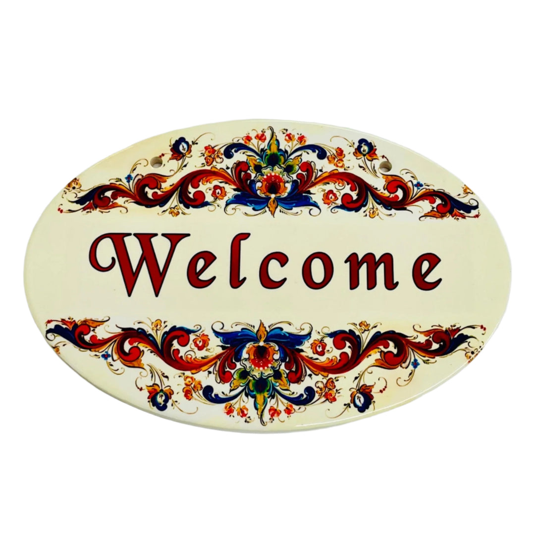 Oval Ceramic Welcome Sign - Lise Lorentzen Rosemaling