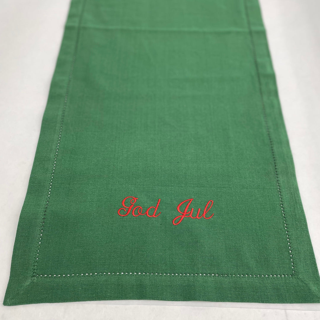 God Jul Embroidered on Green 36" Runner