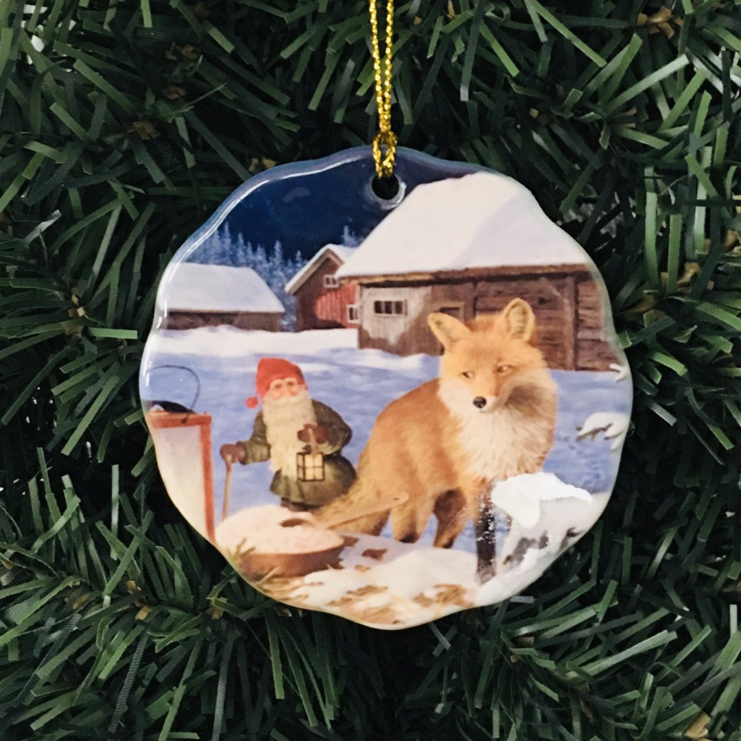 Ceramic Ornament, Jan Bergerlind Tomte with fox