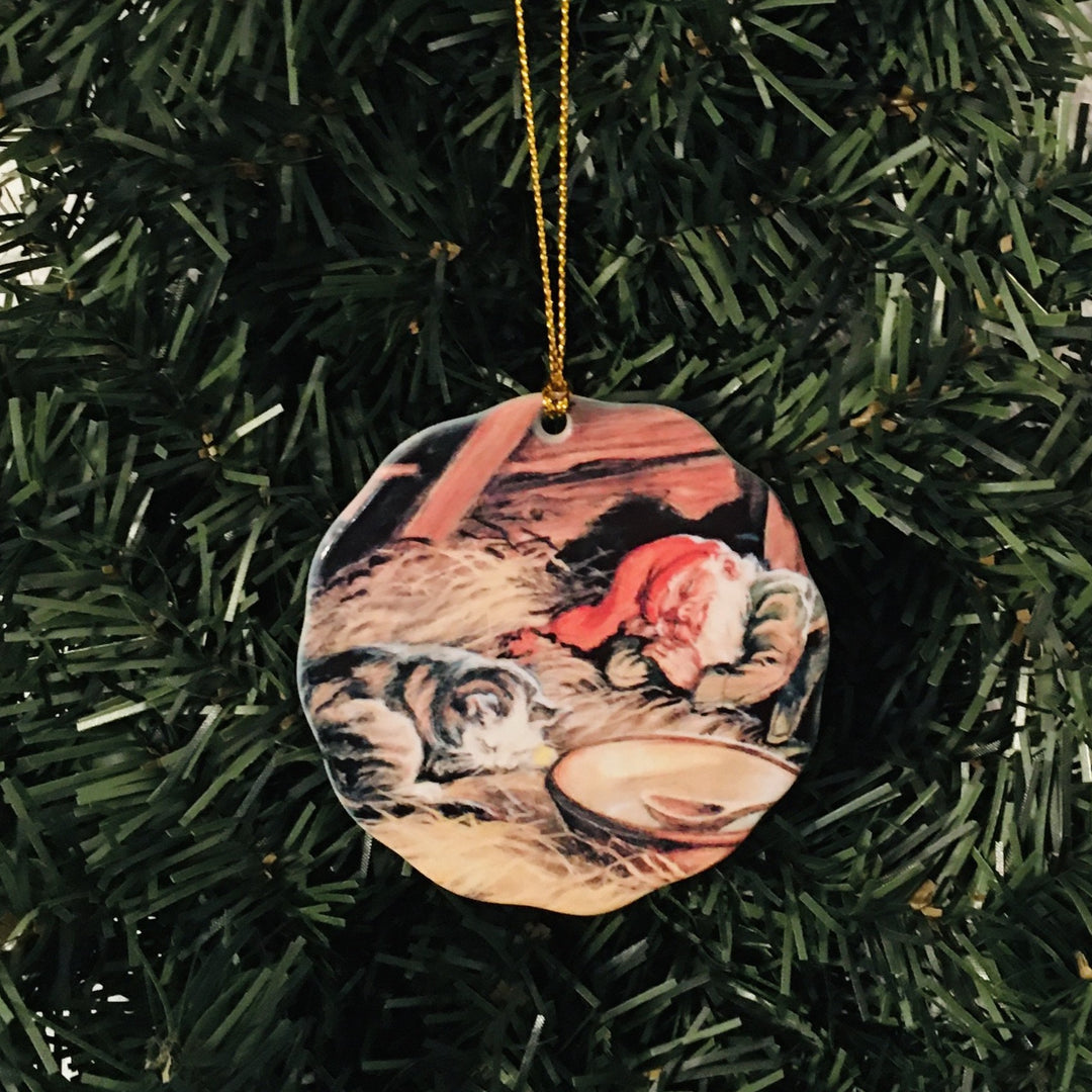 Ceramic Ornament, Tomte & Cat sleeping