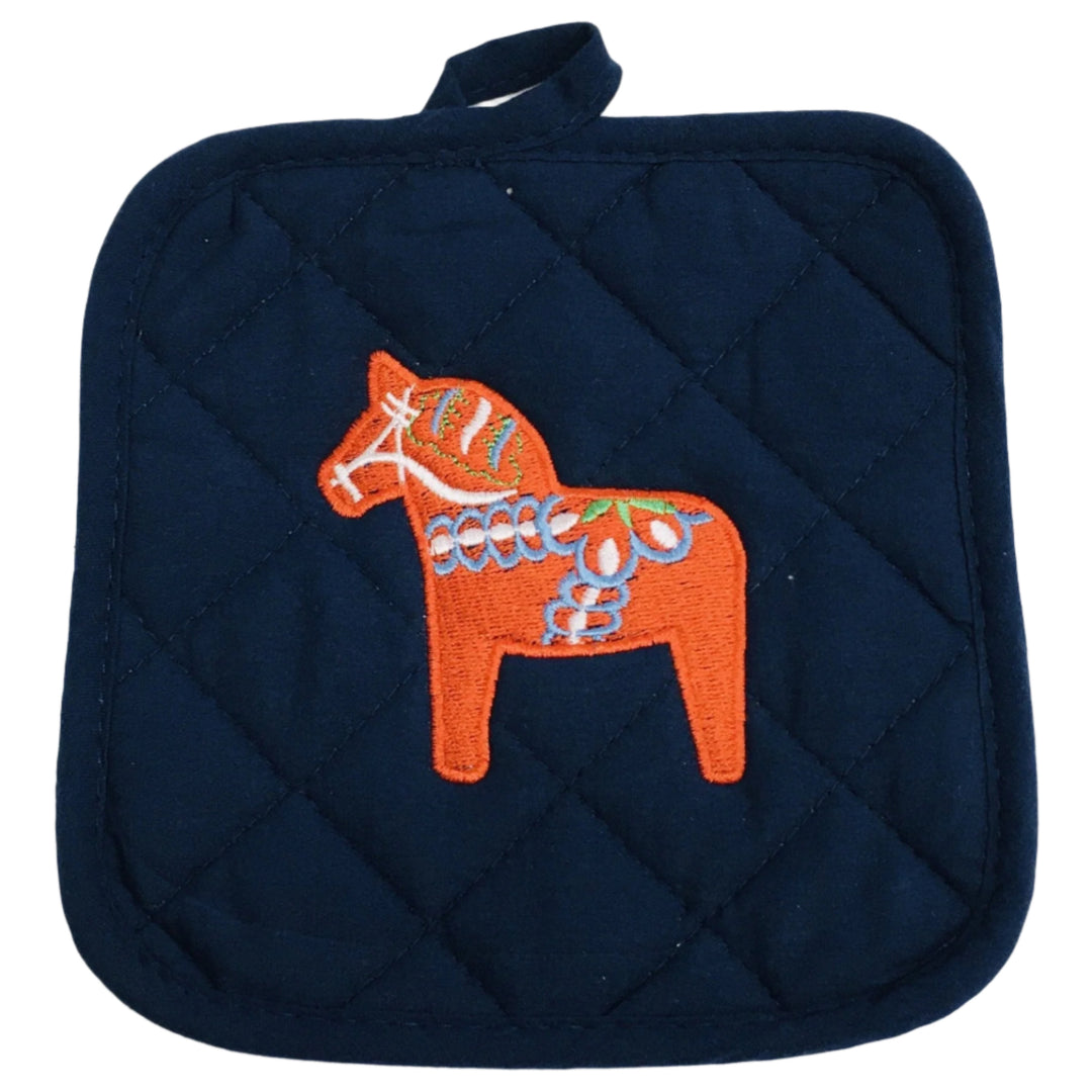 Pot holder - Swedish Dala horse on navy