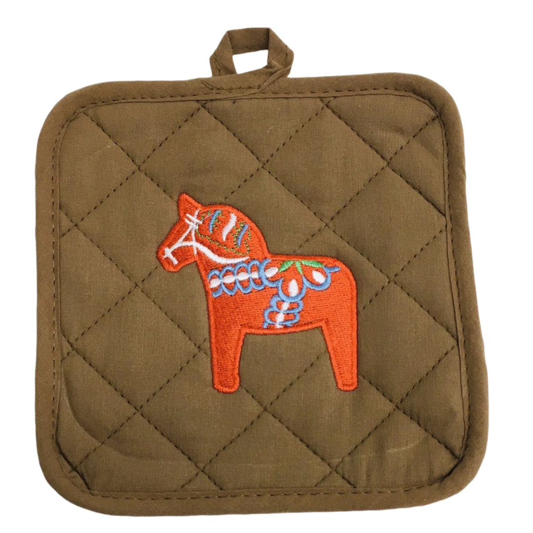 Pot holder - Swedish Dala horse on cocoa brown