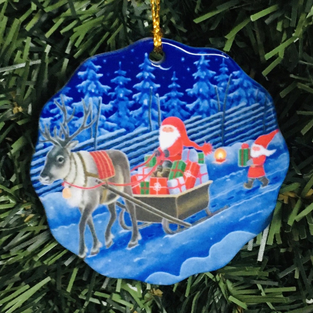 Ceramic Ornament, Eva Melhuish, tomte & reindeer with sleigh