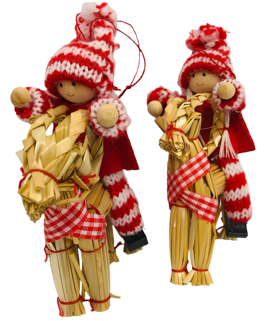 Gnomes riding straw goat ornaments pair