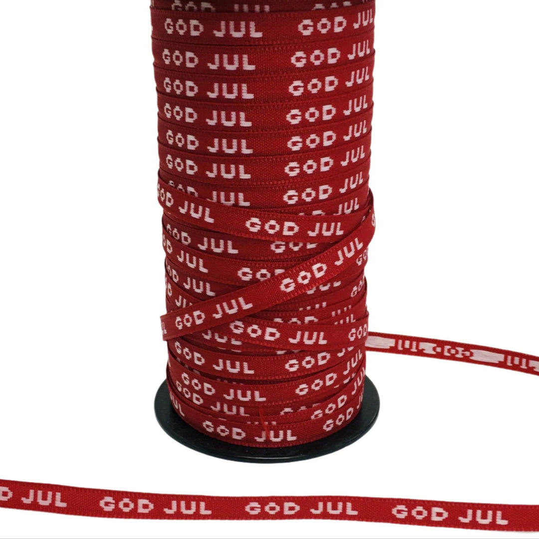 Fabric Ribbon Trim by the yard - Red with white God Jul