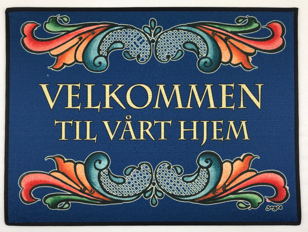 Velkommentil vårt hjem rosemaling rug