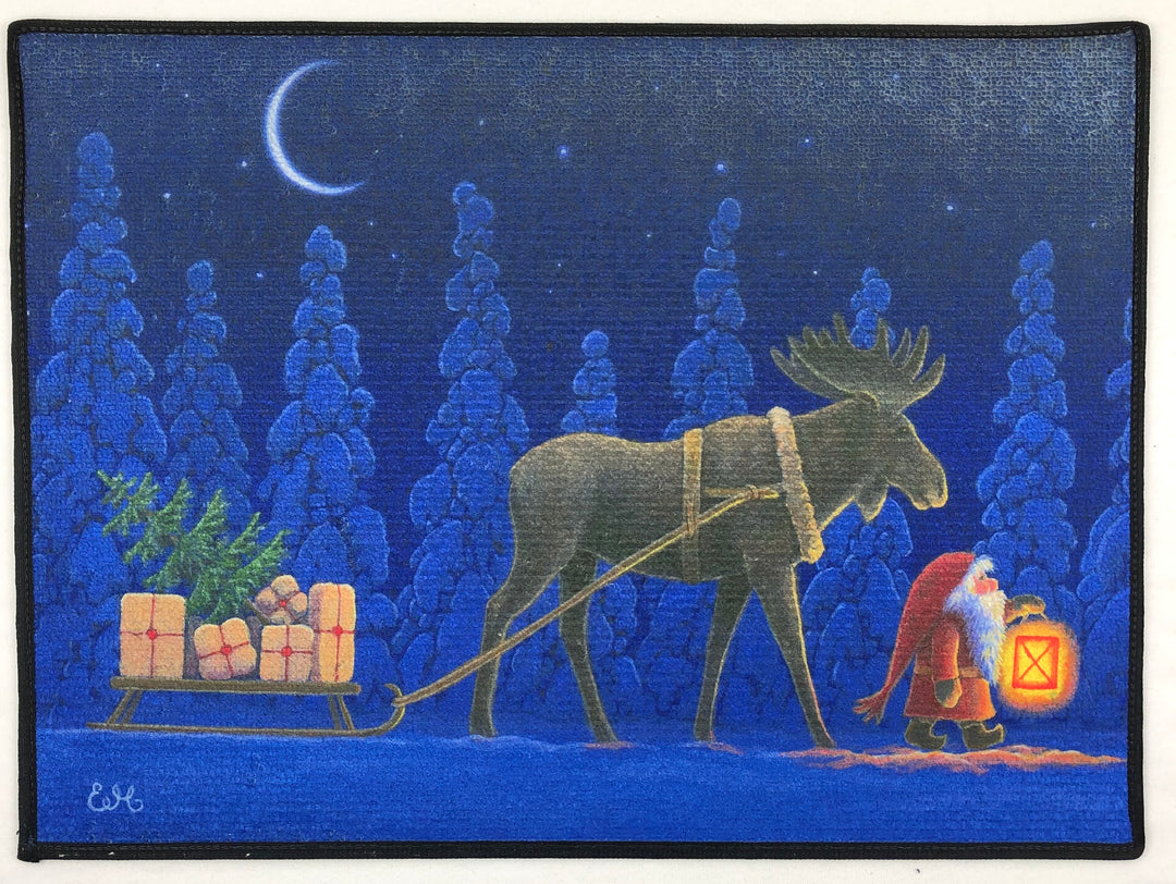 Eva Melhuish Door Mat Rug - Moose pulling sled