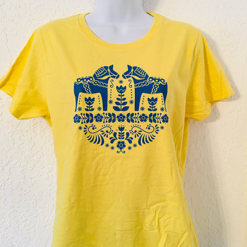 Dala Horses on Yellow Ladies T-shirt