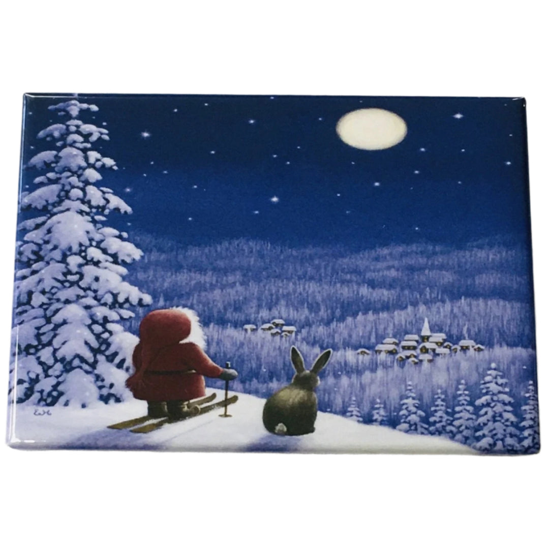 Rectangle Magnet, Eva Melhuish Tomte on Skis with Rabbit