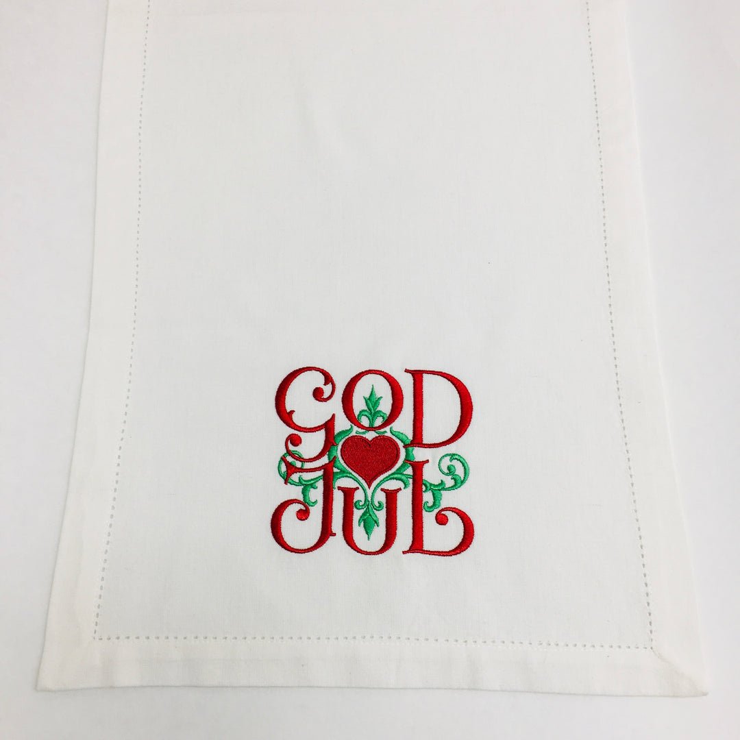 God Jul Scroll Embroidered on White 52" Runner