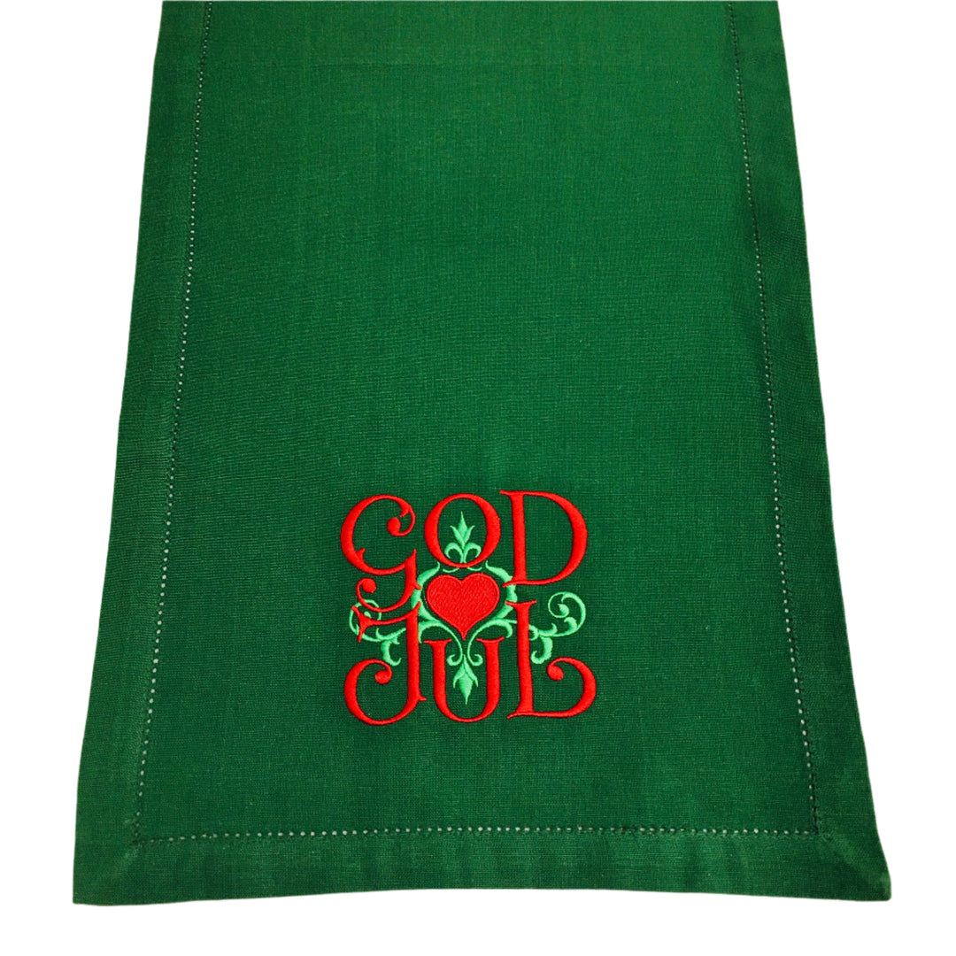 God Jul Scroll Embroidered on Green 36" Runner