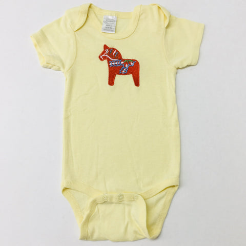 Yellow Baby Onezie with snaps - Embroidered Red Dala horse
