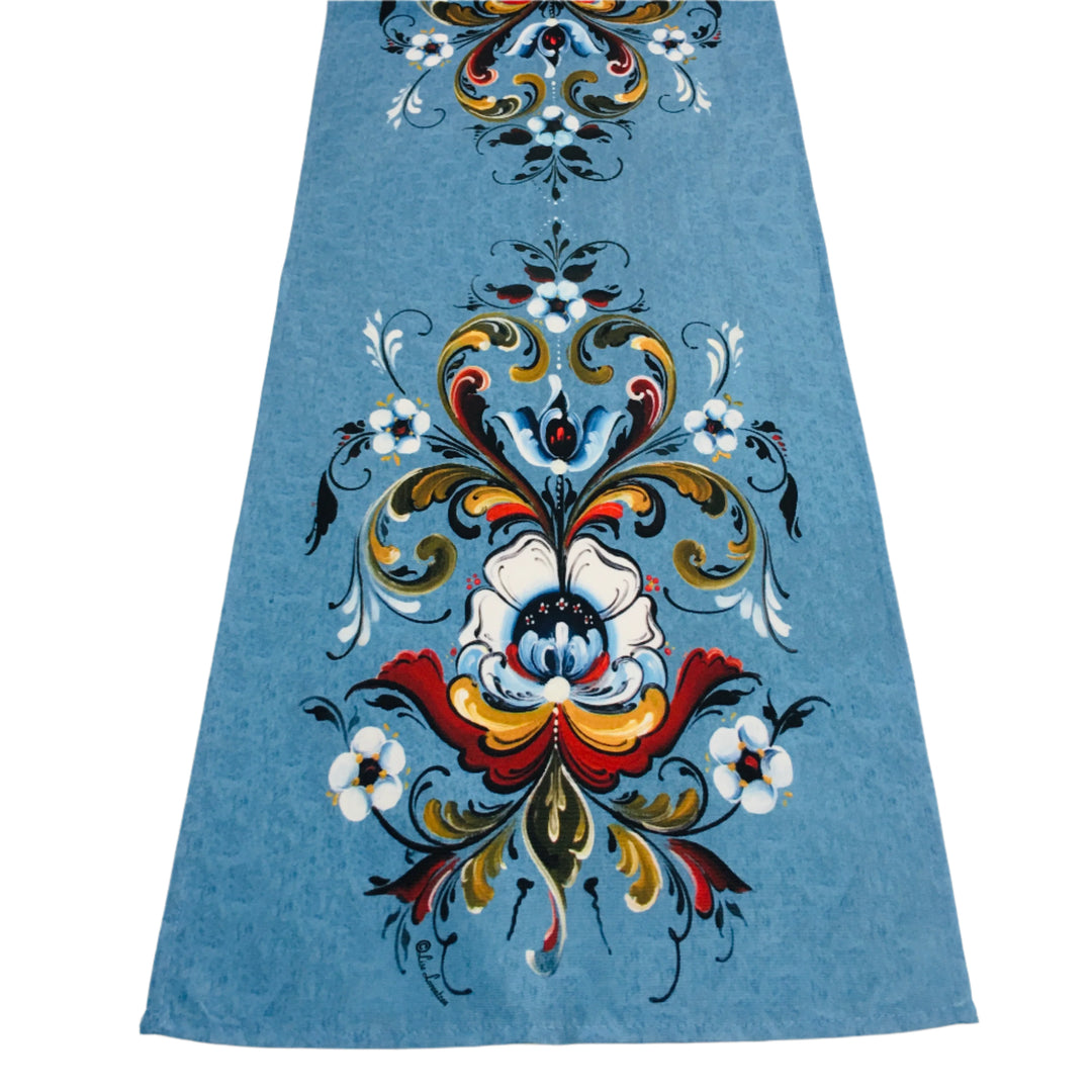 Lise Lorentzen Rosemaling on Blue Table Runner